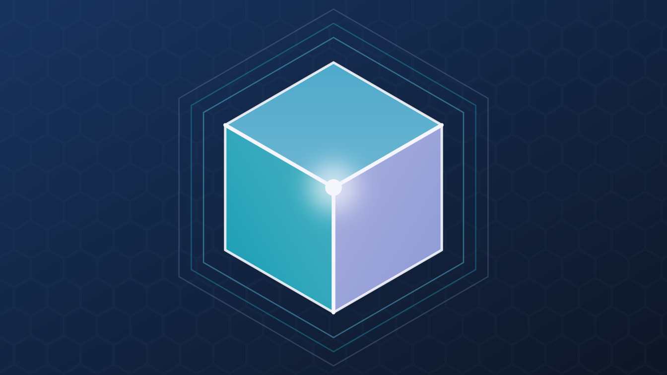A cube with faces in ice blue, cyan and lavender, its three inner edges meeting in a glowing point at the center