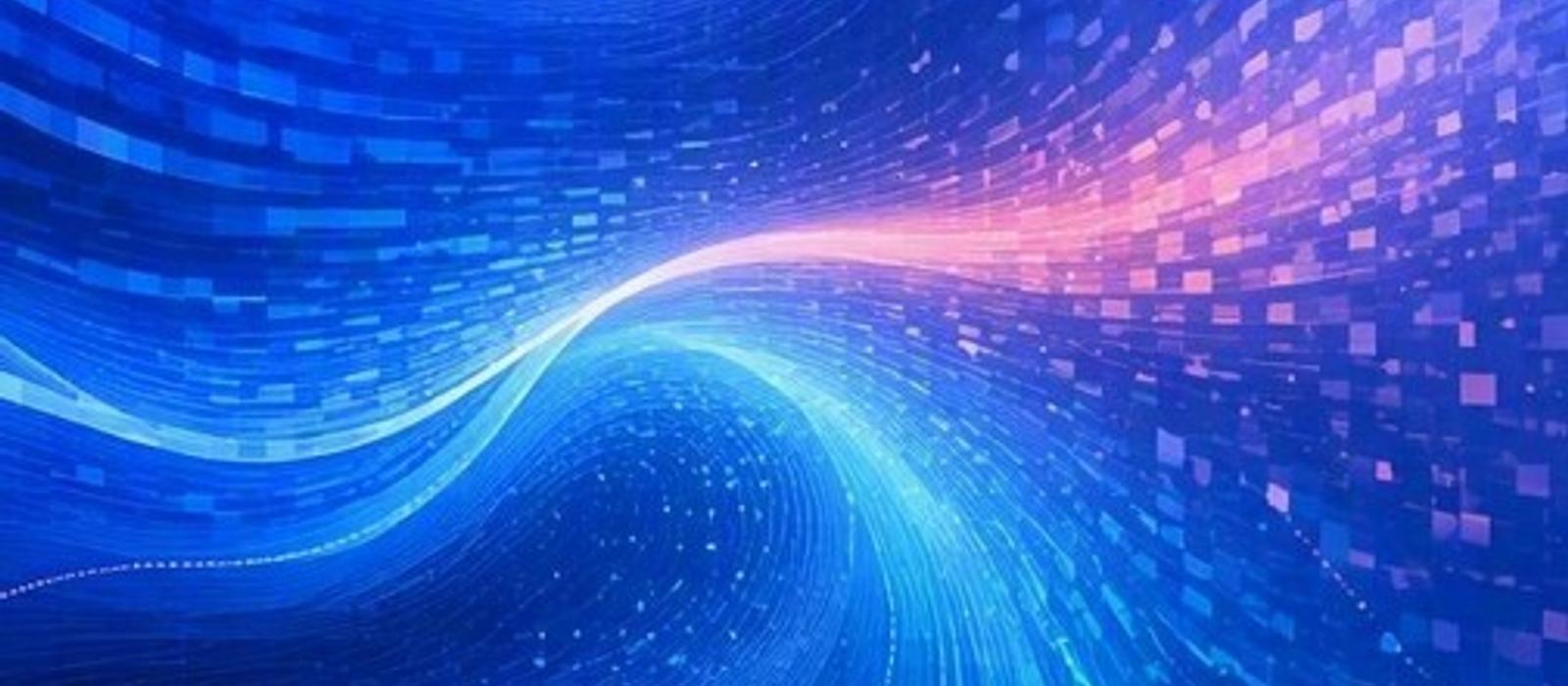 Blue light streams and pixel fragments meeting at a bright point with a soft rose glow