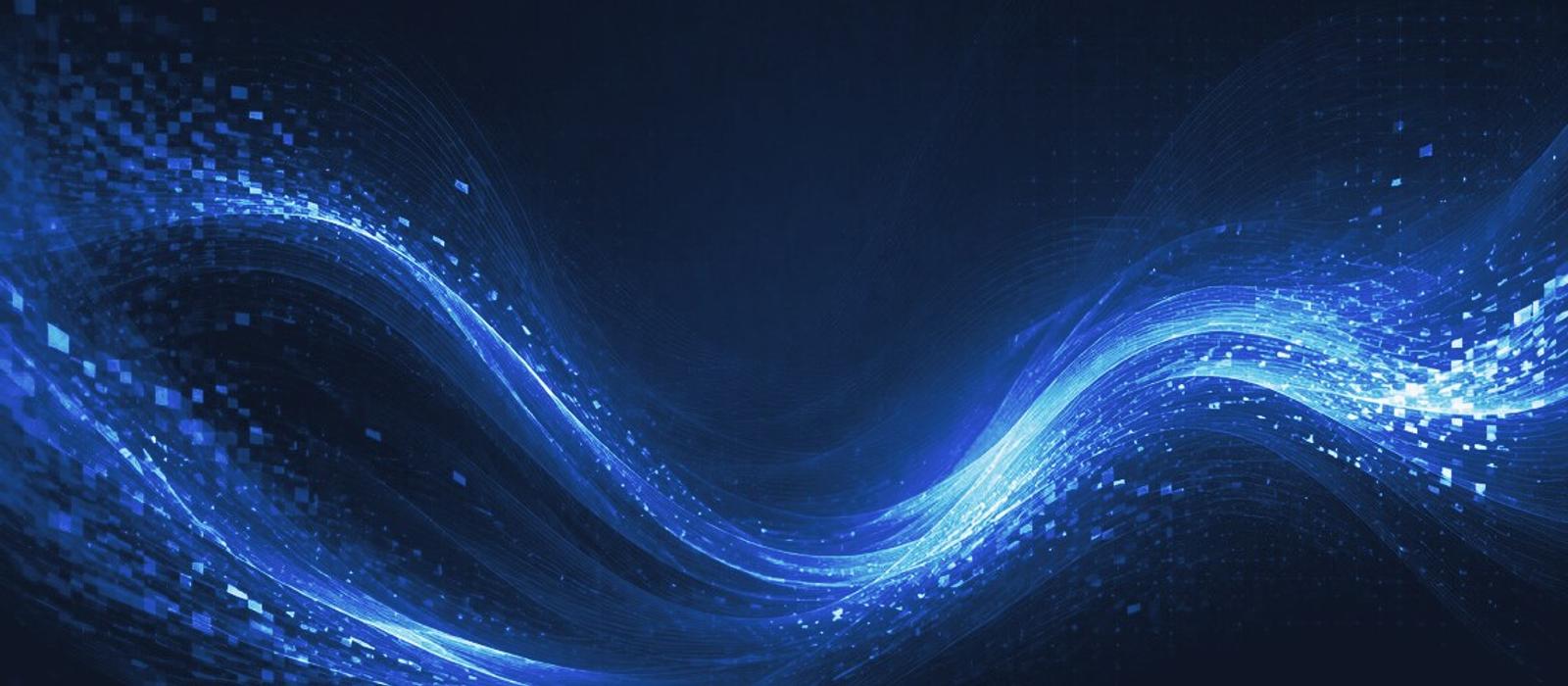 Wave of blue light lines and scattered pixel fragments rising across a deep navy ground