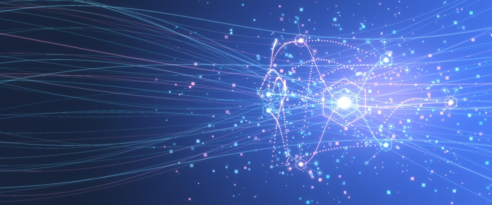 Network of hexagonal term nodes linked by cyan and Ice Blue lines on a deep blue ground