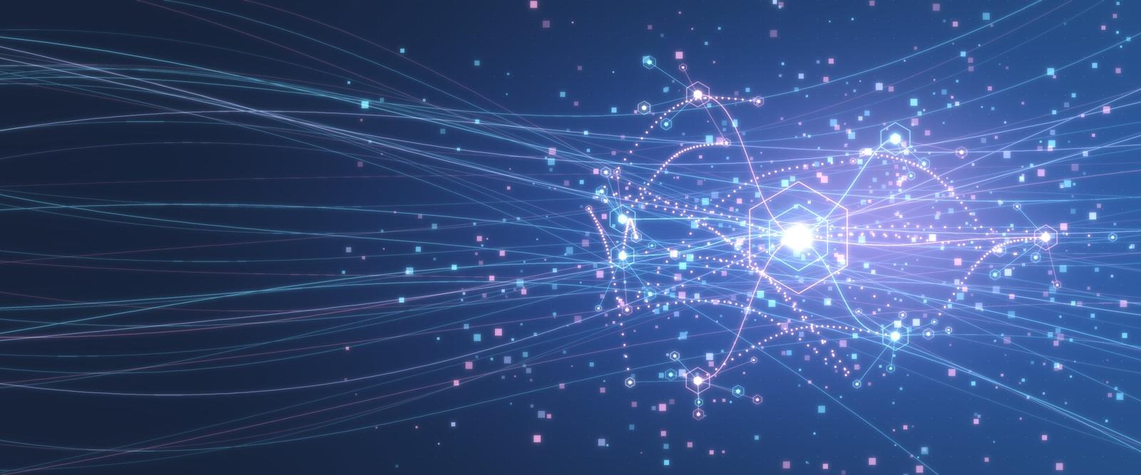 Network of hexagonal term nodes linked by lavender and Ice Blue lines on a deep blue ground