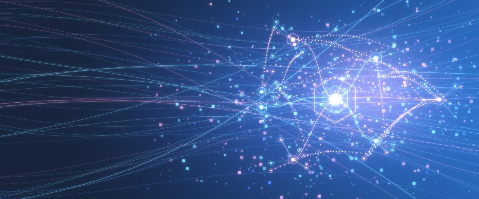 Glowing network of hexagonal term nodes linked by Ice Blue and Rose lines on a deep blue ground
