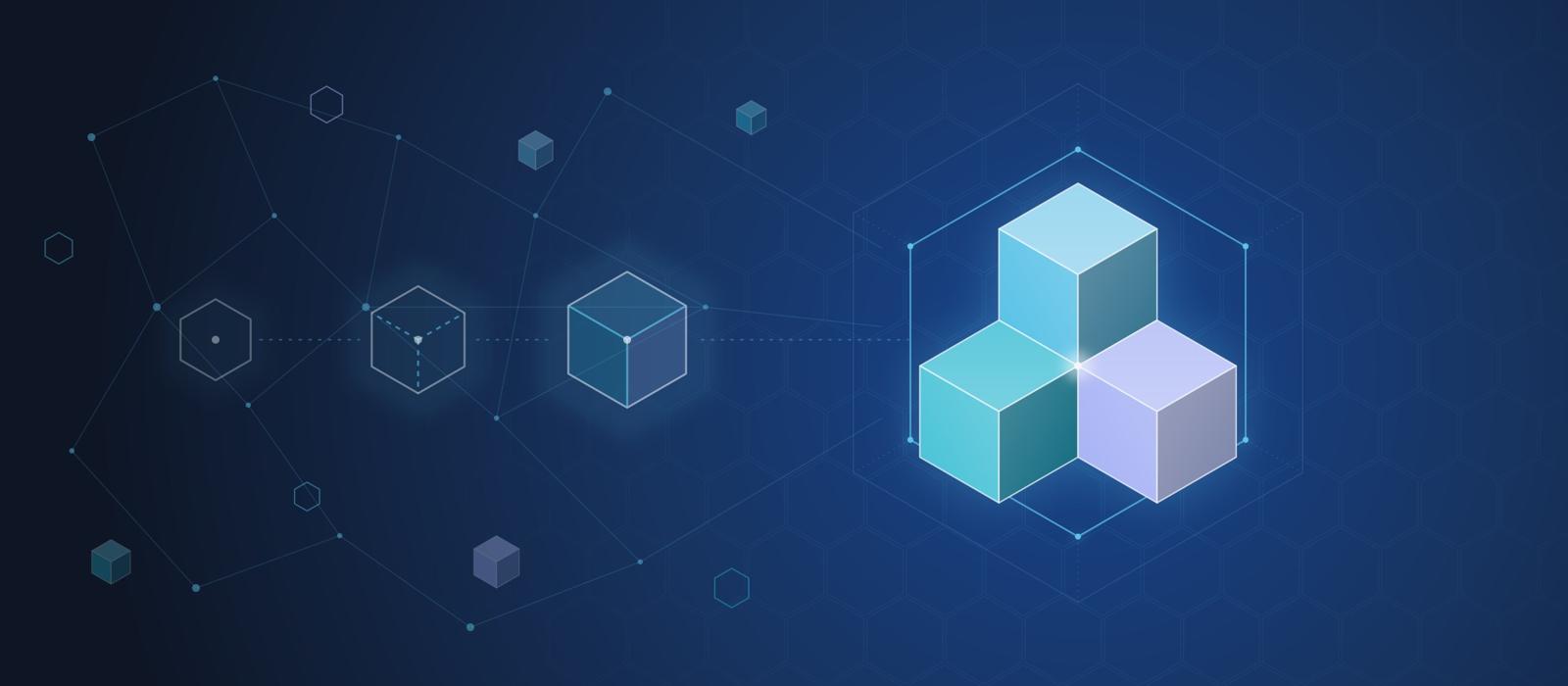 Three glowing cubes in ice blue, cyan and lavender meeting in one corner inside a hexagon