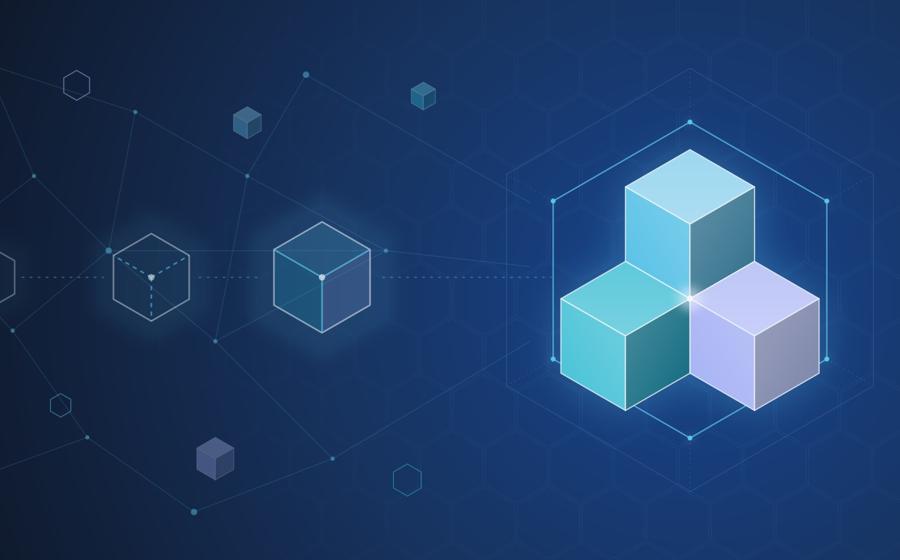Three glowing cubes in ice blue, cyan and lavender meeting in one corner inside a hexagon
