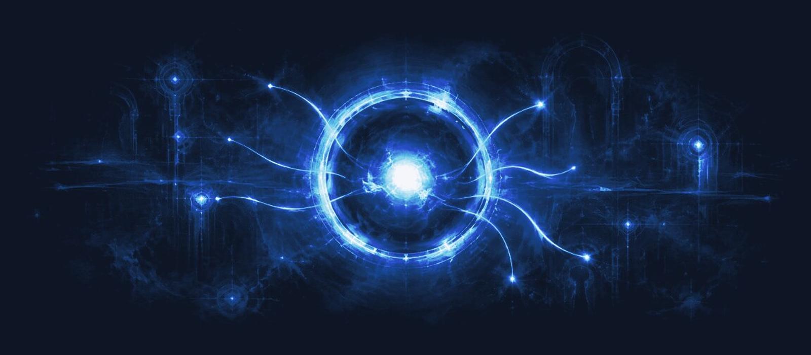 Glowing core of blue light lines and pixel fragments radiating across a deep navy ground