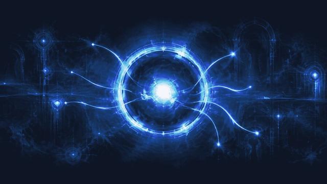 Glowing ring around a bright core with light filaments reaching out across deep navy