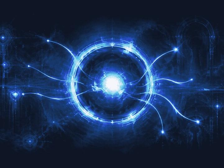 Glowing ring around a bright core with light filaments reaching out across deep navy