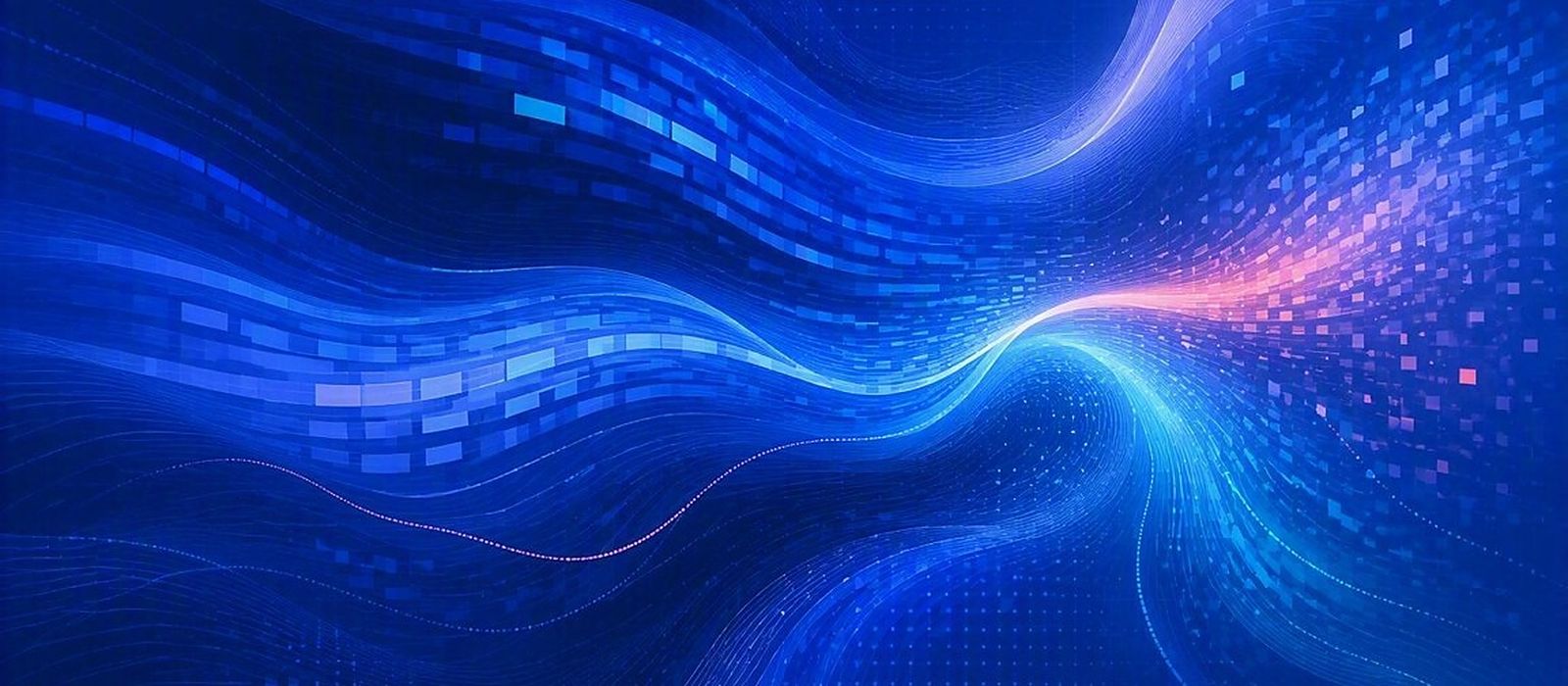 Luminous signal lines flowing across a deep navy ground in Brand Blue and Ice Blue
