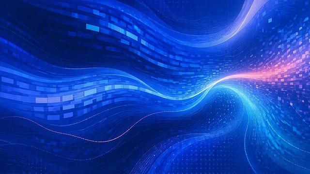 Streams of blue light and pixel fragments converging into a bright signal across deep blue
