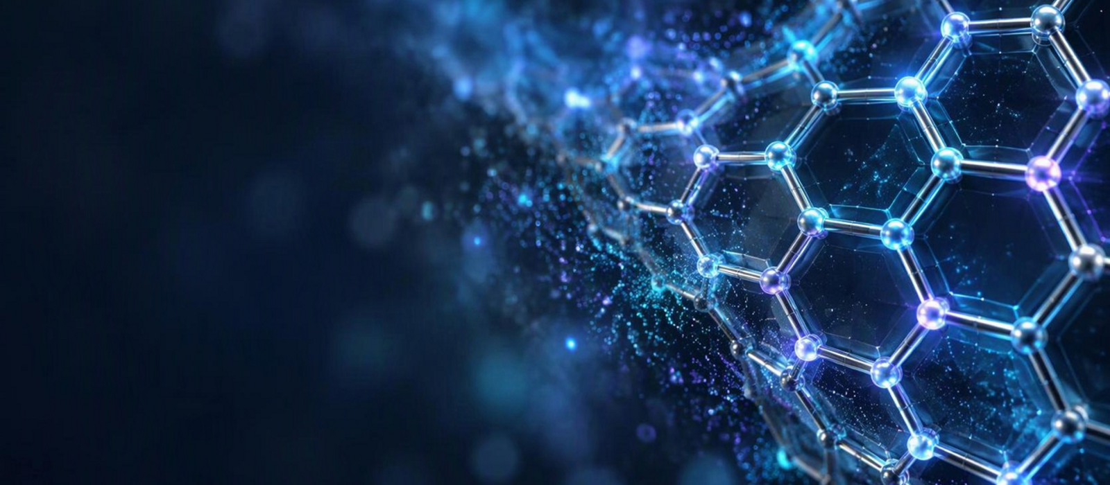 Network of glowing hexagonal term nodes in clusters of ice blue and rose light on deep navy