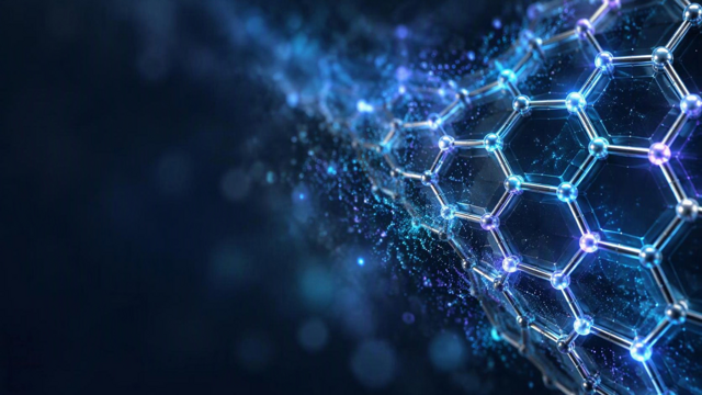 Network of glowing hexagonal term nodes in clusters of ice blue and rose light on deep navy