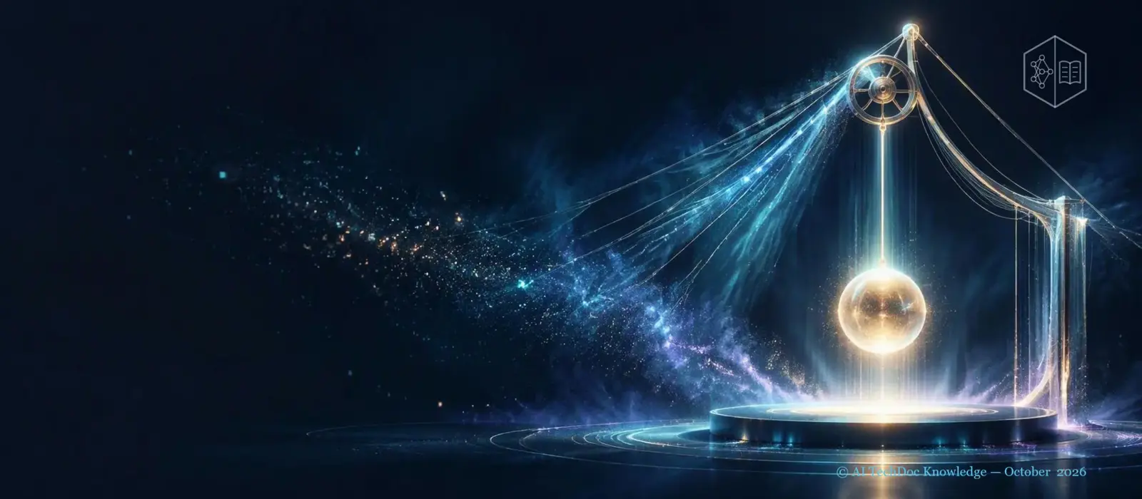 Waves of blue light and data blocks flowing from the left into a glowing rose point on the right